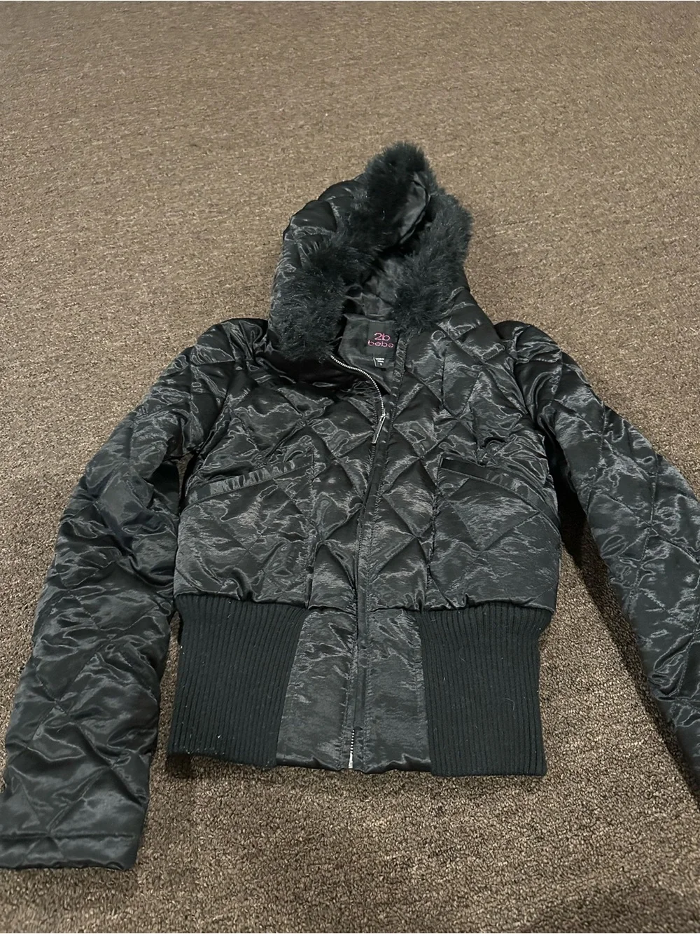 2B Bebe Black Quilted Fur-Trim Hooded Bomber